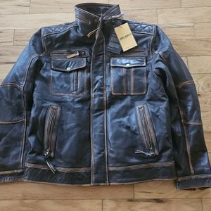 Men's Vintage-Trim Brown Leather Bomber Jacket